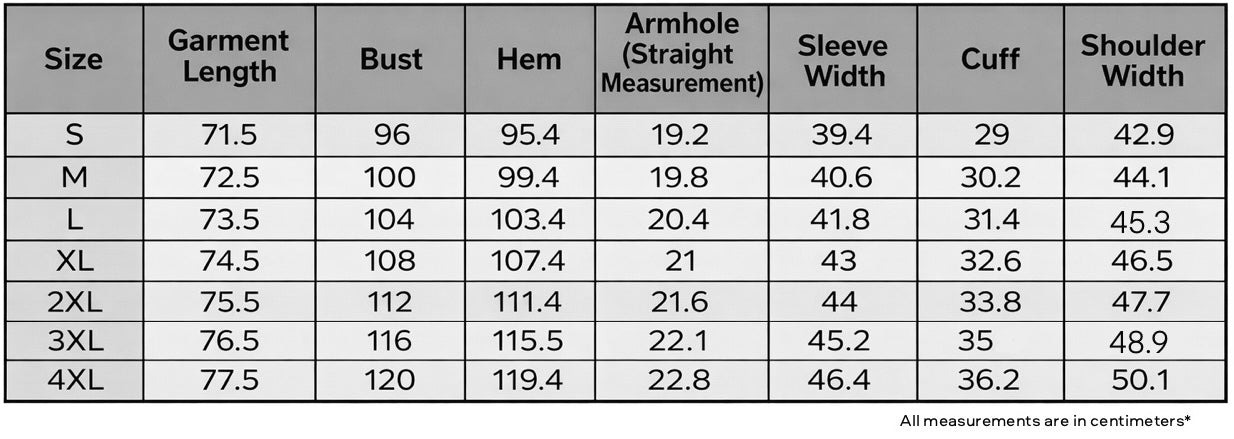 Size Guide — PRG VICE t-shirt with Non-Slip Coating